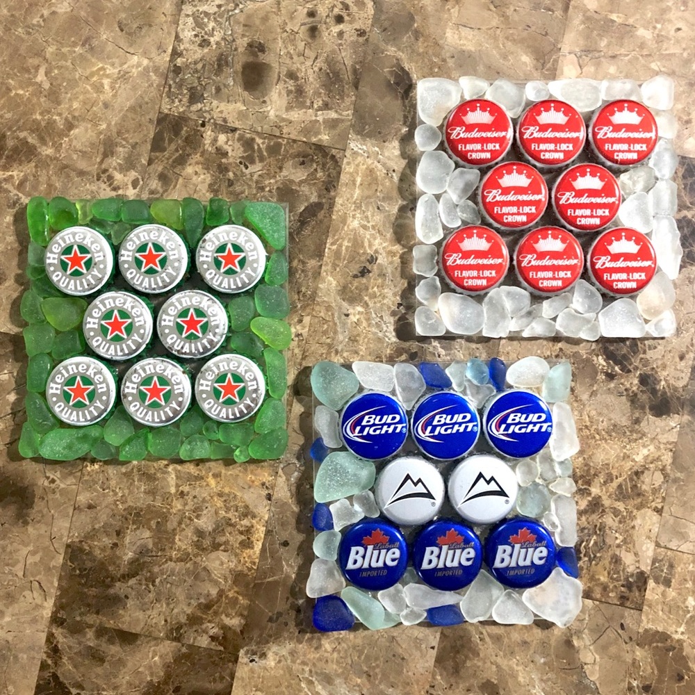 Beach glass bottle cap coasters